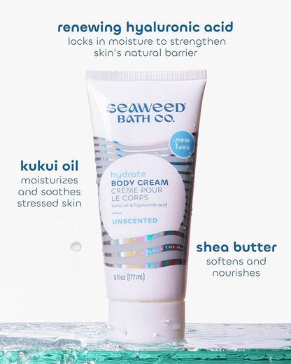 Seaweed Bath Co. Hydrate Body Cream - Unscented | Nourishing Moisturizer for Body and Hands | With Vitamin E, Hyaluronic Acid and Shea Butter For Dry Skin | 6 oz
