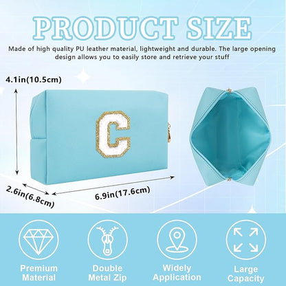 Personalized Initial Letter Patch Makeup Bag, Preppy Portable Chenille Letter Cosmetic Bag with Zipper, PU Leather Waterproof Travel Toiletry Bag Monogram Make Up Pouch for Women Girls