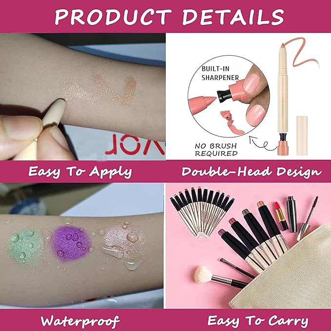 Eyeshadow Makeup, Waterproof Hypoallergenic Long Lasting Eye Liner, Highlighter Matte Cream Eye Shadow Stick, Glitter Primer Palette Shimmer Eyeliner Pen, Enthusiasm Matte