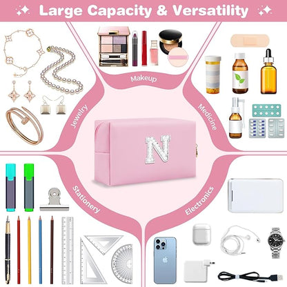 ChaoGreat Bride Gifts – Personalized Initial Makeup Bag with Pearl Rhinestone Patch, Preppy Pink Monogram Cosmetic/Toiletry Pouch, bridesmaid Gifts, Bridal Shower Gifts, Wedding Gifts, Bridal Gifts,N