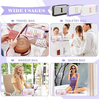 Personalized Initial Letter Clear Makeup Bag,Preppy Small Nylon&PVC Cosmetic Zipper Bag with Chenille Letter,Travel Skincare Toiletry Bag,Monogram Christmas Gift for Teen Girls Women,I