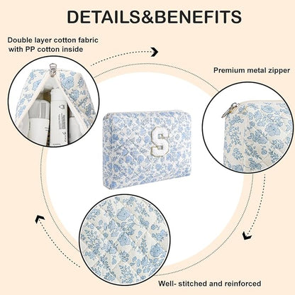 Alphabet Makeup Bag Cosmetic Bag for Women, Christmas Gifts for Age 11-18, Personalized Floral Coquette Travel Bag, Trendy Stuff Zipper Make Up Pouch Organizer Bag (Blue Floral S)