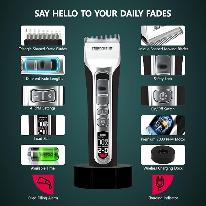 The Fadify 2.0 Cordless Hair Clippers for Men, 7000RPM Professional Barber Clippers Detachable Inclined Blade, Mens Hair Clippers Fading Culture Hair Trimmer Cutting Kit Rechargeable LCD Men Boy Gift