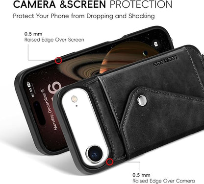 LUCKYCOIN Crossbody Wallet Phone Case for iPhone Air,100% Genuine Leather Wallet Phone Case with Expandable Flip Card Holder,Phone Purse for Women with Adjustable Removable Strap - Black
