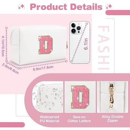 Small Personalized Initial A-Z Patch Makeup Bag,White Cute PU Leather Glitter Letter Cosmetic Bag for Teen Girls,Travel Toiletry Bag with Zipper,Preppy Monogrammed Birthday Gift for Daughter Niece D