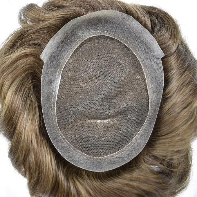FACE MIRACLE Toupee for Men French Lace Hairpiece Human Hair Replacement System Skin PU Mens Toupee Hair Wigs for Man V-Looped Front Hair Prosthesis 6"X8" 4# MEDIUM BROWN