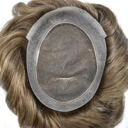 FACE MIRACLE Toupee for Men French Lace Hairpiece Human Hair Replacement System Skin PU Mens Toupee Hair Wigs for Man V-Looped Front Hair Prosthesis 6"X8" 4# MEDIUM BROWN