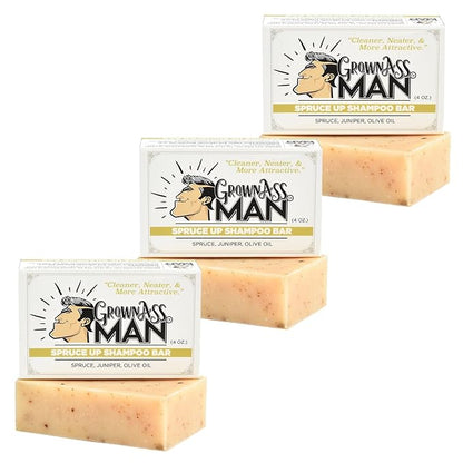 Grown Ass Man Co. - Solid Shampoo Bar Rich Lather 3 in 1: Hair, Beard & Body Wash - Plastic Free & Eco-Friendly, Natural & Organic for All Hair Types, 4oz Bar (Spruce Up, 3-Pack)