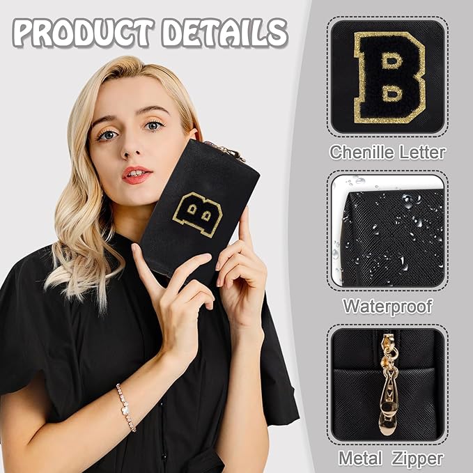 Personalized Initial Travel Preppy Makeup Bag, Small Cute Black Cosmetic Pouch Monogram Toiletry Organizer with Zipper, Waterproof PU Make Up Bags Storage Birthday Bridal Shower Women Gift (Letter B)