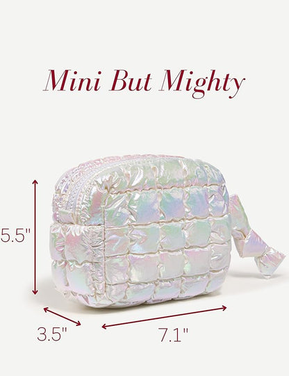 Yarnic Quilted Makeup Bag Cosmetic Bag, Travel Toiletry Bag for Women, Cute Makeup Bag Organizer Puffer Makeup Pouch (Iridescent White, S)