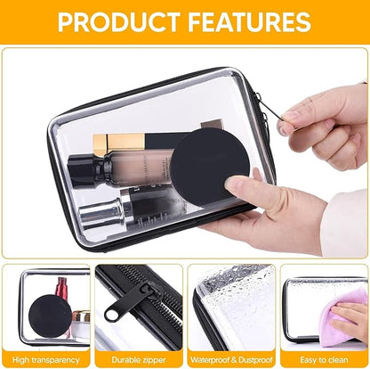 3PCS Clear Zipper Cases, Portable Clear Organizer Pouches for Travel, Double Zippered Hard Shell Plastic Case, Cosmetic Bag for Make Up Tools, Toiletries, Toy Storage (Black, 1 Pack)
