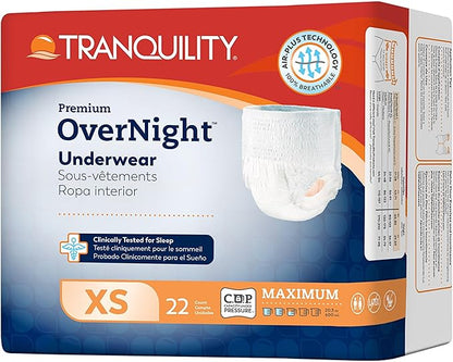 Tranquility Premium OverNight Disposable Absorbent Underwear (88 Count) - XS, 17-28 in. Waist - Maximum Absorbency, All-Night Sleep, Breathable Comfort, 88 Adult Diapers