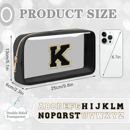 Small Clear Personalized Initial Makeup Bag,Nylon Preppy A-Z Chenille Letter Patch Cosmetic Pouch Beach Toiletry Bag,Waterproof Zipper Travel Purse Storage Bag Organizer for Women Girls(Black-Black K)
