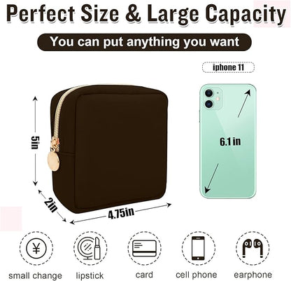 Nylon Mini Makeup Bag for Purse, Preppy Small Cute Makeup Bag Cosmetic Zipper Pouch Purse, Waterproof Travel Coin Pouch Sanitary Napkin Storage Bag Clutch Makeup Organizer Pouch for Women(Brown)