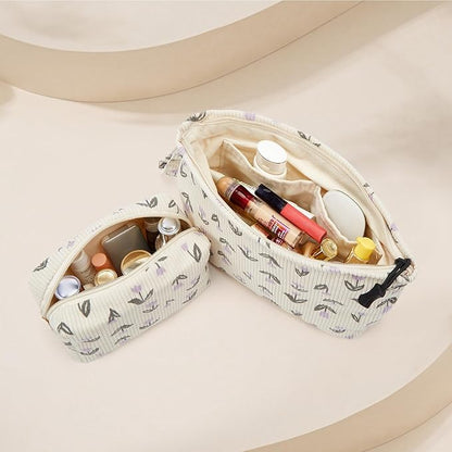 Makeup bag set small Cosmetic bag for women purse Corduroy Organizer with interior Pockets,cute Pencil zipper Pouch travel Toiletry Bag with handle(Tulip Purple)