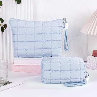 Richeart Makeup Bag Travel Toiletry Bag - Checkered Down Cotton Makeup Pouch for Women with Cosmetic and Pencil, Aesthetic Light blue Design, 2 Pieces