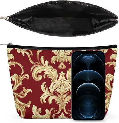 Fashion Zipper Cosmetic Case, Portable Makeup Case, Personality Toiletry Bag, Travel Cosmetic Toiletry Bag Flower Red Gold Floral Classy Burgundy Antique