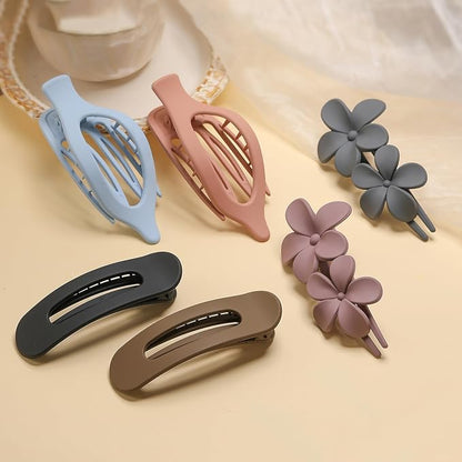 6 PCS Flat Hair Clips, French Lay Flat Claw Clips for Women Girls, 3 Styles Strong Hold Non-slip Matte Hair Claws for Thin Thick Hair(Pink&Blue)