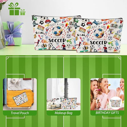 2pcs Soccer Makeup Bags for Women, Canvas Soccer Gifts Cosmetic Bag Pouch Accessories for Players Teams Stuff, Sport Team Birthday Gifts for Soccer Lovers Her Friends Women