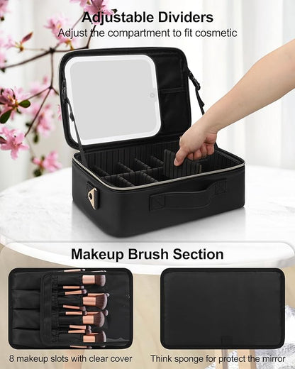 Relavel Makeup Train Case With LED Mirror, Professional Travel Cosmetic Bag with Removable Partitions, Compact Makeup Organizer with Separate Brush Board, Waterproof Travel Case for Women, Black