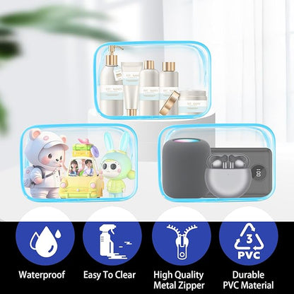 16 Pieces Clear Cosmetic Bags, PVC Clear Pouch with Zipper TSA Approved Toiletry Bag for Travelling, Waterproof Transparent Travel Makeup Cosmetic Organizer Case for Men and Women (Blue-M)