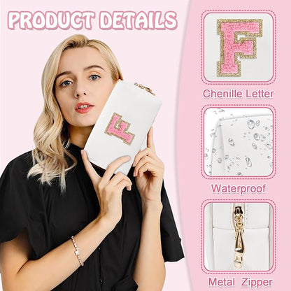 Small Initial Preppy Makeup Bag, Personalized Travel Cosmetic Organizer Chenille Letter White Toiletry Zipper Pouch, Portable Waterproof Makeup Case Gifts for Friends Female Friendship(Letter F)