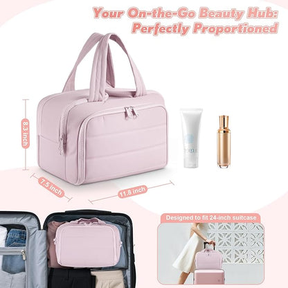Travel Toiletry Bag:  Large Capacity, 4 Compartments, Wet/Dry Separation, Ultra-Soft Lightweight Fabric & Anti-Spill Design for Travel,Gym,Gift(11.8" L) (Soft Pink)
