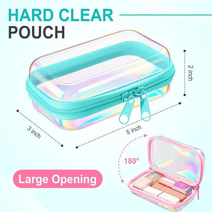 Hoolerry 3 Pcs Clear Hard Zipper Case Plastic Pouch Transparent Hard Case Clear Makeup Bag Portable Travel Organizer Bin for Cosmetics, Building Blocks, Puzzles(Laser,Xs)