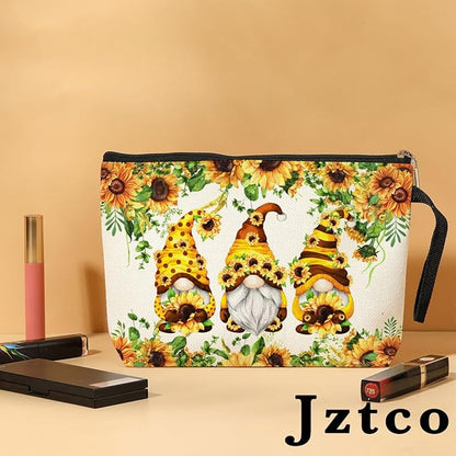 Jztco Cute Gnomes Makeup Bag Sunflower Gifts Gnome Gifts for Women Female Her Mom Wife Best Friend Daughter Aunt Niece Toiletry Bag Mothers Day Graduation Birthday Gifts Summer Floral Cosmetic Bag