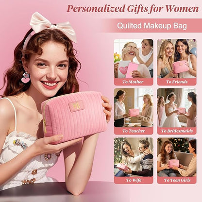 Monogrammed Make Up Bags for Women,Personalized Cosmetic Bags Women,Small Quilted Makeup Pouch,Cute Makeup Bag Travel,Birthday Gifts for Teen Girl (Pink B)