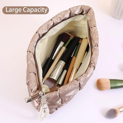 Puffer Quilted Makeup Bag Travel Cosmetic Bag Portable Puffy Checkered Toiletry Pouch Skincare Organizer Purse Pencil Case (Silver)