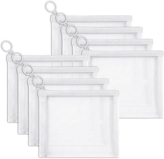 8 Pack Mini Zipper Mesh Makeup Bags, Nylon Cosmetic Bags Toiletry Purse Travel Organizer Bags Inside Bag for Office Travel Organization (White, S)