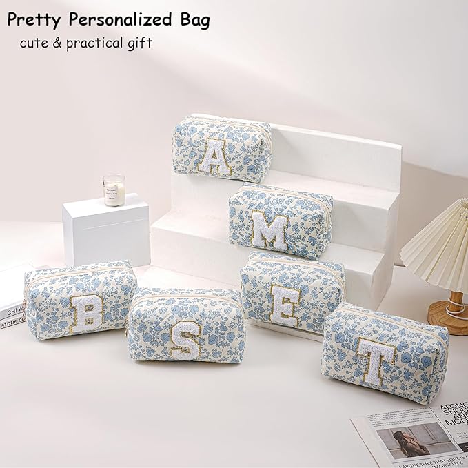 Gleyemor Personalized Initial Makeup Bag for Women, Cute Quilted Blue Floral Cotton Cosmetic Bag, Christmas Gifts for Her Mom Friend Sister Bridesmaid Teacher Women G