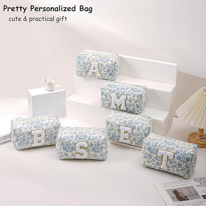 Gleyemor Personalized Initial Makeup Bag for Women, Cute Quilted Blue Floral Cotton Cosmetic Bag, Christmas Gifts for Her Mom Friend Sister Bridesmaid Teacher Women X