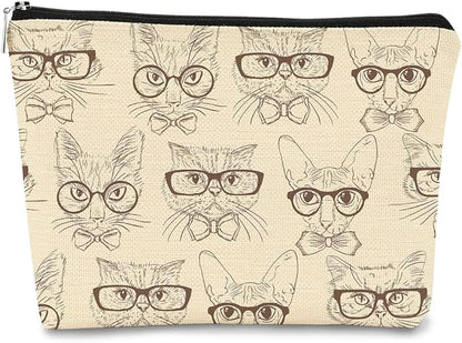 Retro Hipster Cats Makeup Bag,Cute Hand Drawn Kitty Cats Cosmetic Bag Best Gift Idea for Cat Lovers Teen Girls Women,Birthday Christmas Valentine's Day Gifts for Cat Moms Teen Girls Daughter Sister