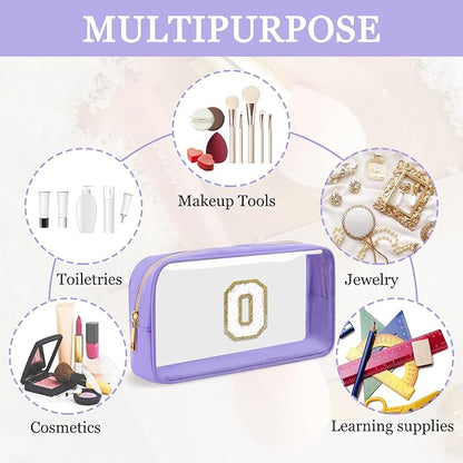 Small Clear Personalized Initial Makeup Bag,Preppy Nylon A-Z Chenille Letter Patch Makeup Organizer TSA Approved Travel Toiletry Bag,Waterproof Zip Beach Cosmetic Pouch Purse for Women(Purple-White O)