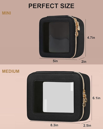 Leather Clear Makeup Bags Set - Travel Clear Cosmetic Bag Case with Zipper, Transparent TSA Approved Toiletry Bags for Travel Essentials Car Accessories for Women (Black, S+M)