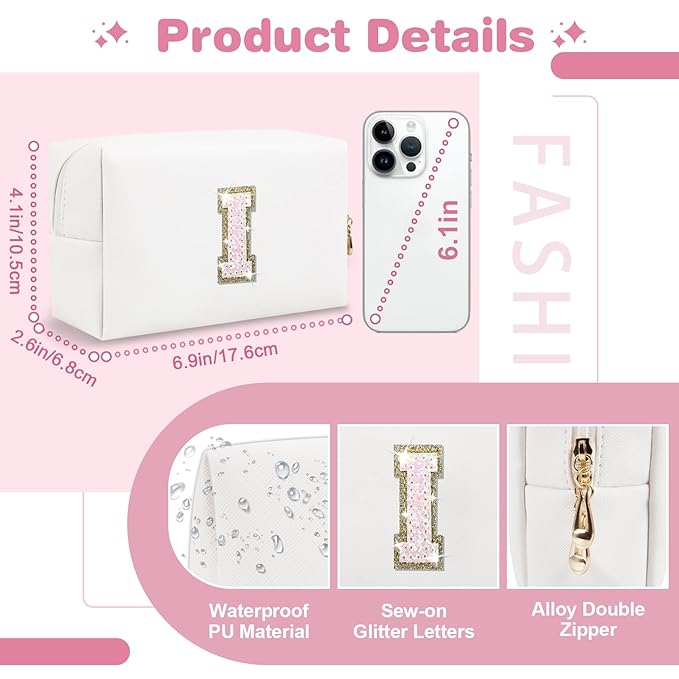 Small Initial Patch Makeup Bag Personalized Gifts Make Up Bag,White Cute PU Leather Glitter Letter Cosmetic Bag with Zipper,Trendy Portable Travel Toiletry Pouch,Preppy Stuff for Teen Girls Women I