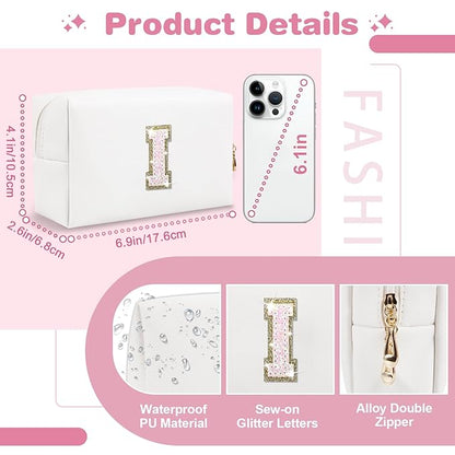 Small Initial Patch Makeup Bag Personalized Gifts Make Up Bag,White Cute PU Leather Glitter Letter Cosmetic Bag with Zipper,Trendy Portable Travel Toiletry Pouch,Preppy Stuff for Teen Girls Women I