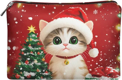 COEQINE Travel Makeup Bags for Women Leather Cute Cat Travel Cosmetic Bag Toiletry bag for Womens Birthday Christmas Gifts Waterproof Pen Pencil Pouch Wallet Clutch Handbag for Holiday