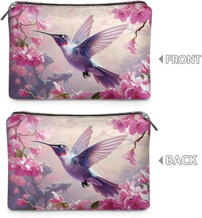 COEQINE Pink Makeup Bag for Women Leather Cosmetic Wallet Pink Hummingbirds Floral Print Cosmetic Purse for Wedding Birthday Party Cute Portable Cell Phone Case