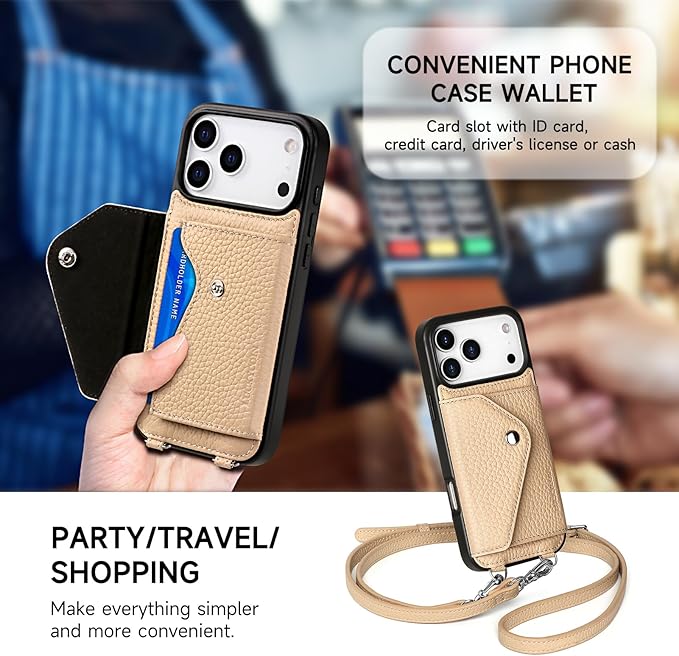 LUCKYCOIN Crossbody Wallet Phone Case for iPhone 17 Pro Max,100% Genuine Leather Wallet Phone Case with Expandable Flip Card Holder,Phone Purse for Women with Adjustable Removable Strap - Pebble Beige