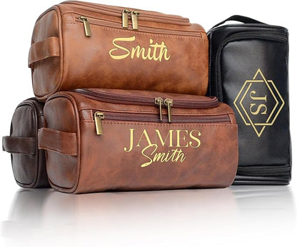 Personalized Toiletry Bag for Men, Engraved Name Initials Toiletry Bag, Customized Monogram Travel Shaving Dopp Kit for Groomsmen, Gift for Christmas, Birthday, Dad, Husband, Grandpa (Light Brown)