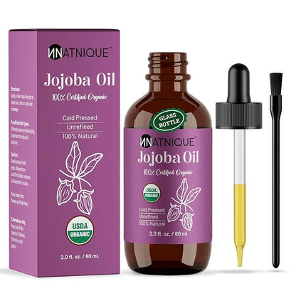 Natnique Organic Jojoba Oil 2oz – Nail Brush Included – USDA Certified, Cold Pressed, Unrefined & Hexane-Free – Pure Moisturizer for Hair, Face, Skin, Beard, Scalp, Nails & Cuticles – Natural Care