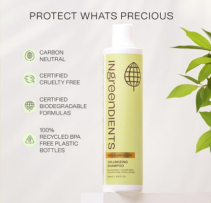 Ingreendients Non Toxic Vegan Volumizing Shampoo with Organic Ingredients For Fine Hair - Strengthening Barley Protein and Chia Seeds, Color Safe, Paraben & Gluten Free, Silicone & Sulfate Free