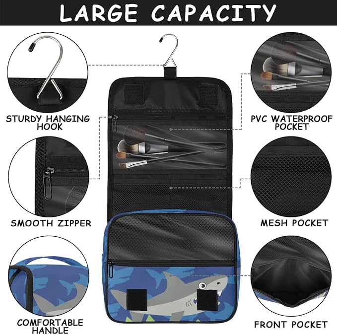 Funny Shark Hanging Travel Toiletry Kit Bag with Hook for Men and Boys, Ocean Animal Makeup Case Waterproof Cosmetic Bag Storage Bag Organizer for Accessories Toiletries