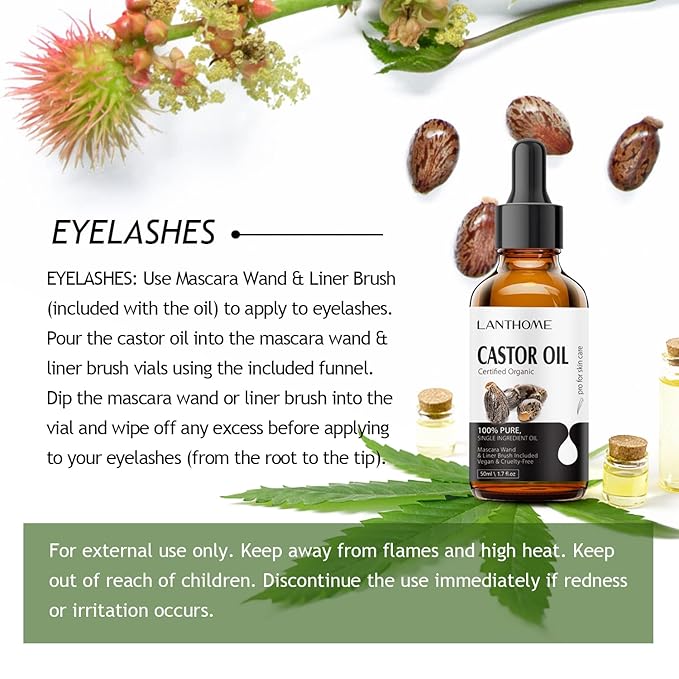 Lanthome Organic Castor Oil Cold Pressed Certified (1.7 Floz with Eyelash Kit), Black Castor Oil for Eyelashes, Eyebrows & Skin Moisturizer, Hair Growth Hexane Free