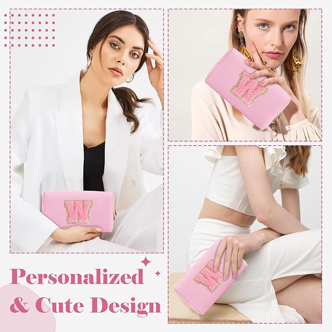 Personalized Initial A-Z Preppy Patch Makeup Bag,Small PU Leather Chenille Letter Cosmetic Bag with Zipper for Teen Girls,Pink Cute Travel Toiletry Bag,Birthday Monogrammed Gift for Daughter,Letter W