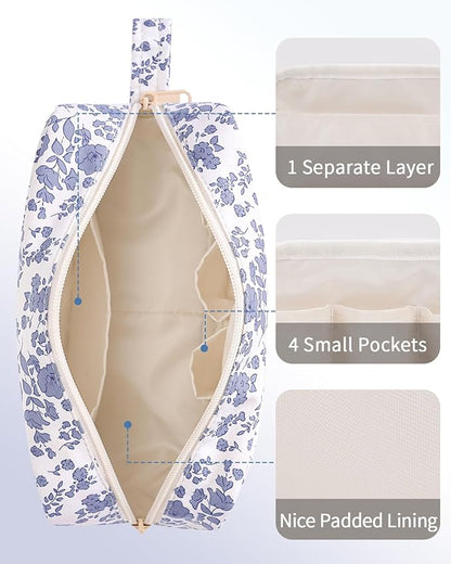 Narwey Cute Makeup Bag Small Toiletry Bag Travel Cosmetic Bag Organizer Make Up Bags with Organized Pockets for Women (Little Grayish Blue Flower, Large)