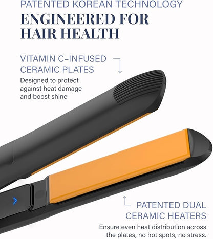 GLAMPALM Hair Straightener 1" Ceramic Flat Iron Infused with Vita C, Korea's No.1 Professional Salon Tool, 3D Swivel Cord & Dual Voltage, Digital LED(210°–450°), 20s Fast Heat-Up, Black (GP201T)
